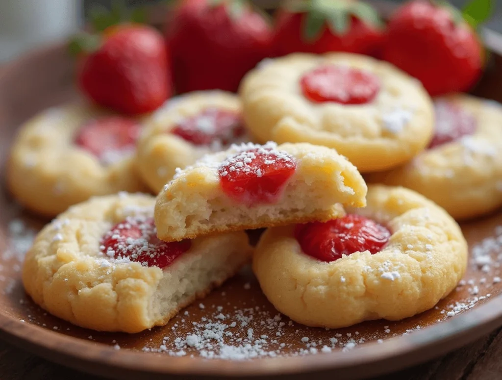 Soft strawberry cheesecake cookies on a rustic wooden plate with fresh strawberries and powdered sugar.