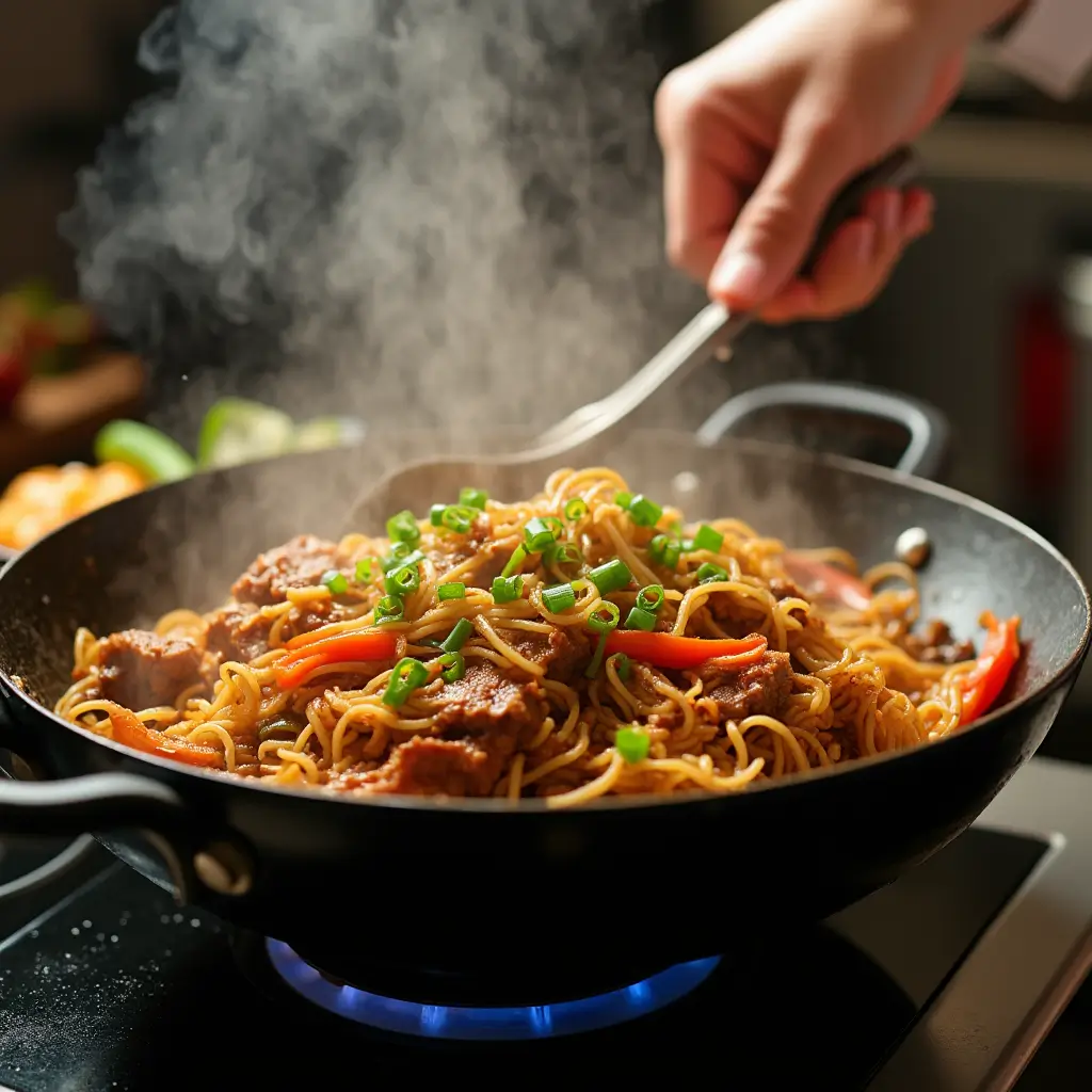 Chef stir-frying tender beef in a wok for Beef Chow Fun recipe.