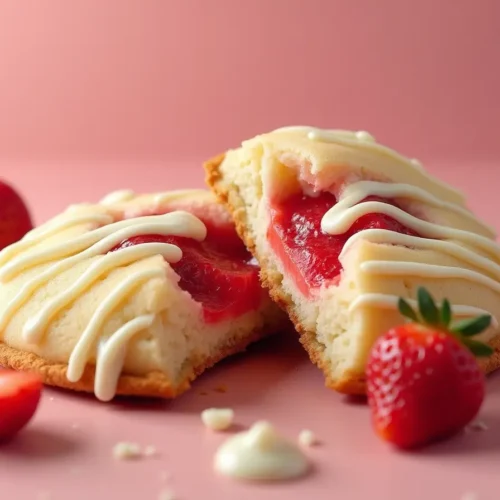 A plate of freshly baked strawberry cheesecake cookies topped with powdered sugar and fresh strawberries, perfect for a sweet treat.