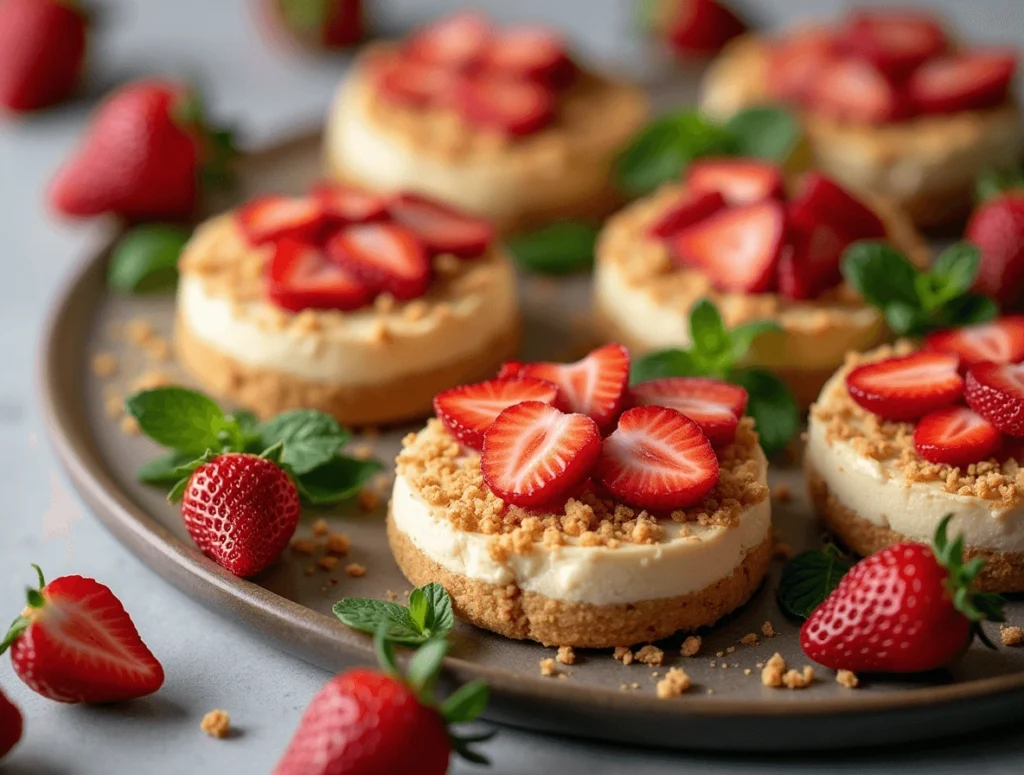 A platter of strawberry cheesecake cookies topped with graham cracker crumbles, fresh mint, and whole strawberries.