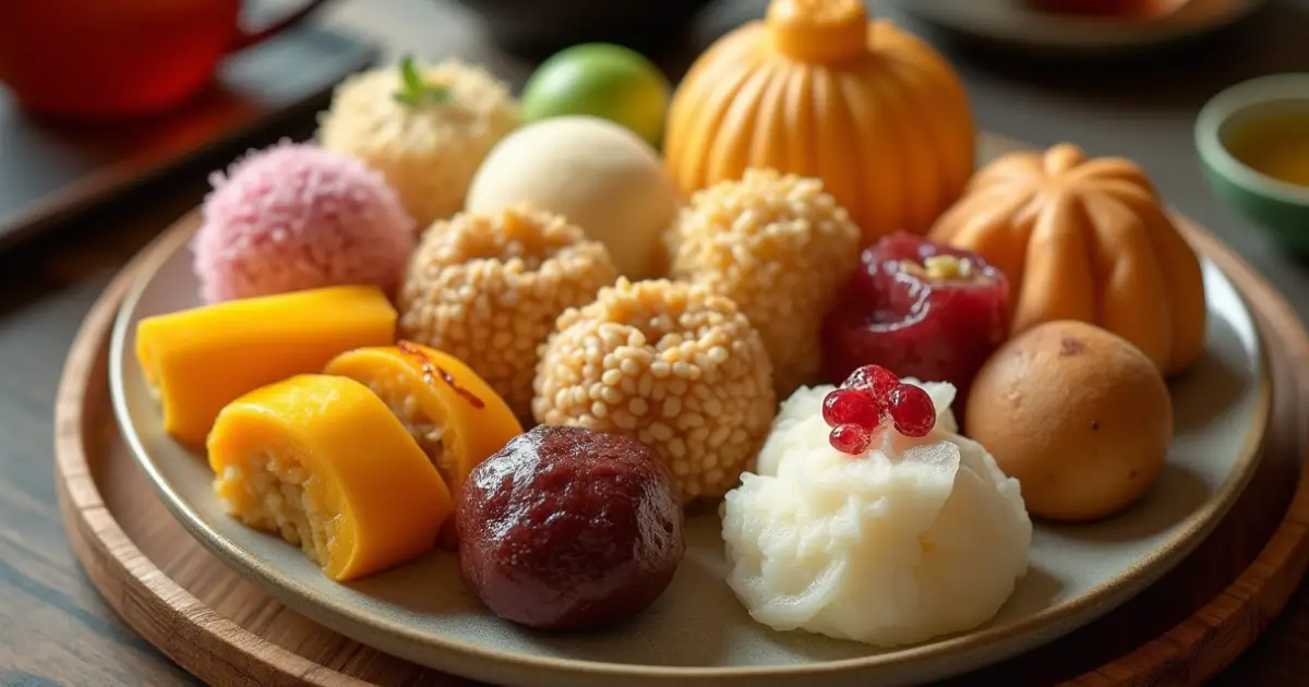 A beautifully arranged platter of traditional Asian desserts, including mochi, sesame balls, mango sticky rice, and red bean buns on a bamboo tray.