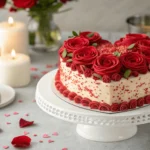 A heart cake with red buttercream roses, set on a white cake stand with candles and rose petals in the background.