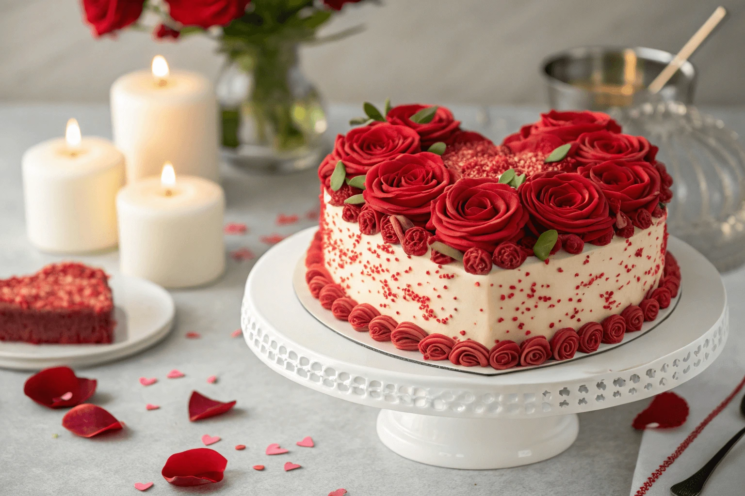 A heart cake with red buttercream roses, set on a white cake stand with candles and rose petals in the background.