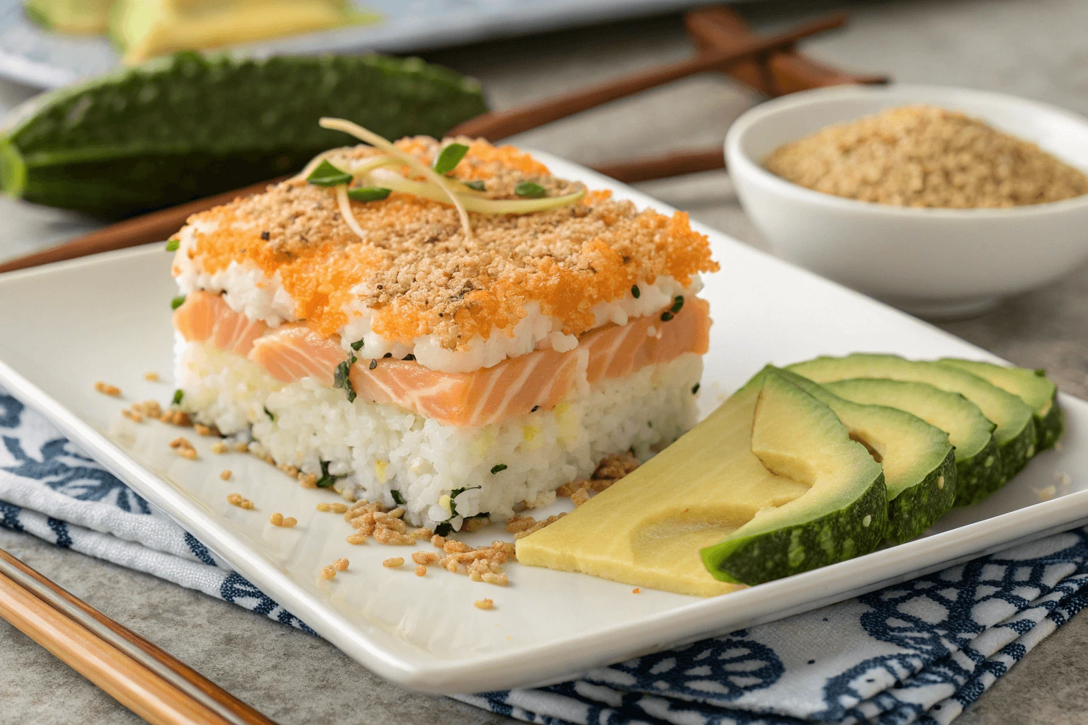 Plated salmon sushi bake with layers of rice, creamy salmon, melted cheese, and avocado.