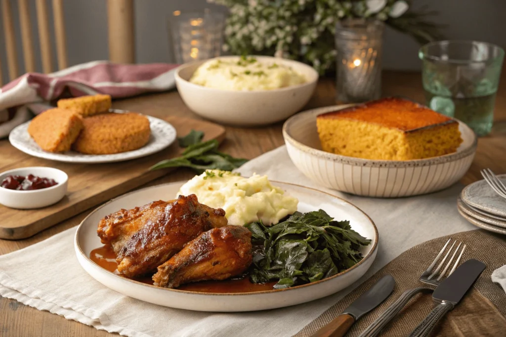 Dinner table featuring smothered turkey wings, mashed potatoes, collard greens, and cornbread