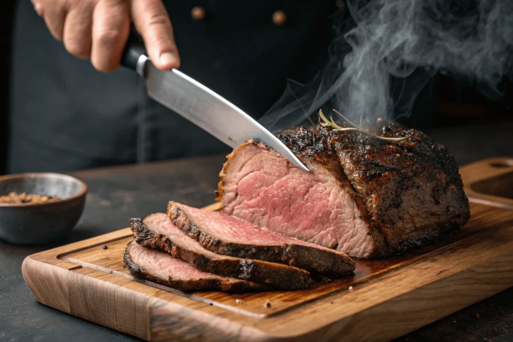 A chef carving a smoked beef roast, showing tender slices with a smoky crust on a wooden cutting board