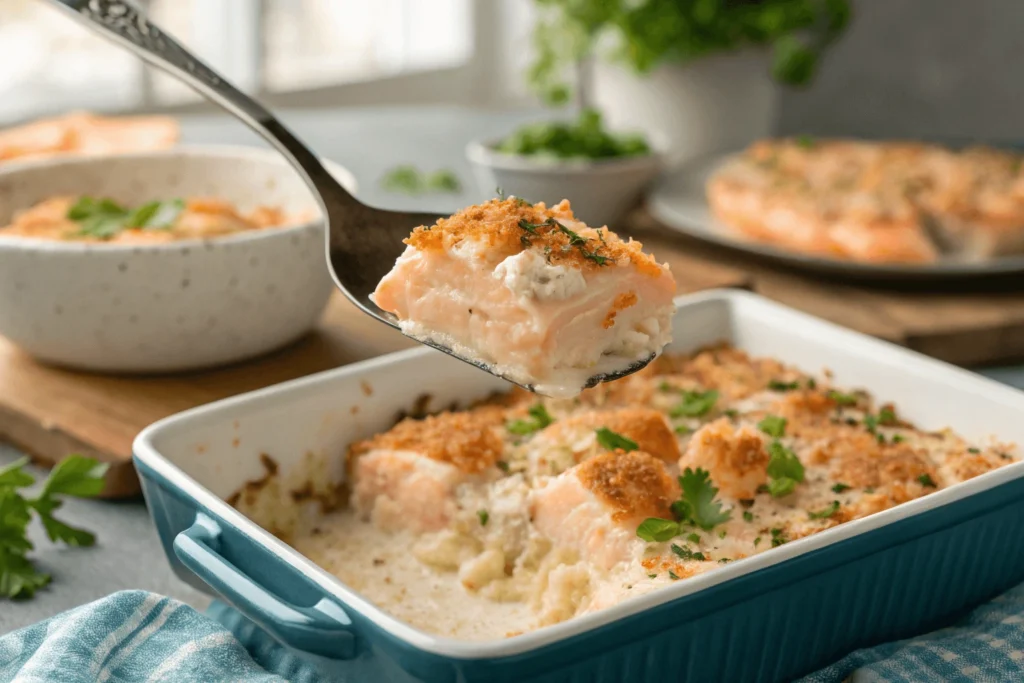 Close-up of a spoon lifting a spoonful of baked salmon sushi with a golden crispy topping and creamy salmon mixture.