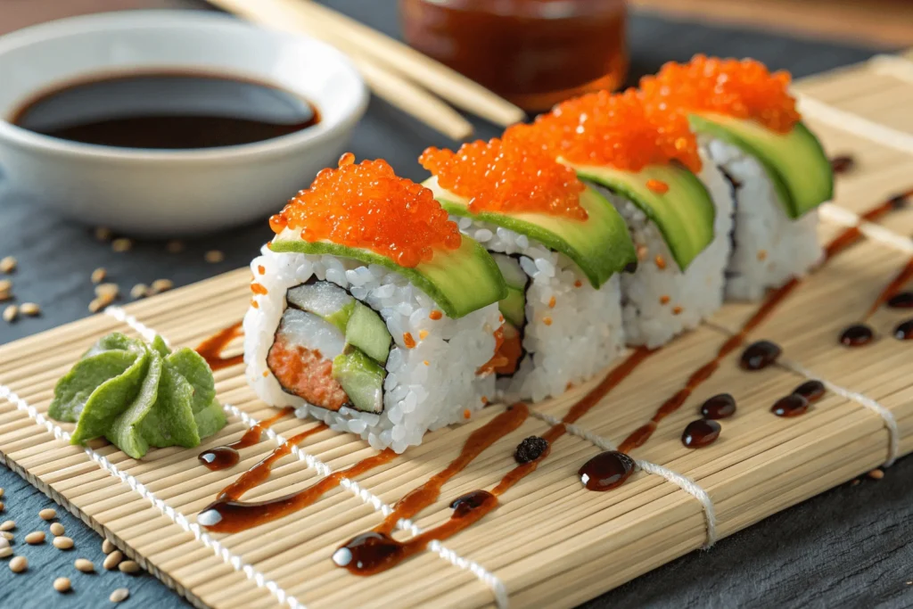 Sushi roll topped with bright orange tobiko, avocado, and cucumber