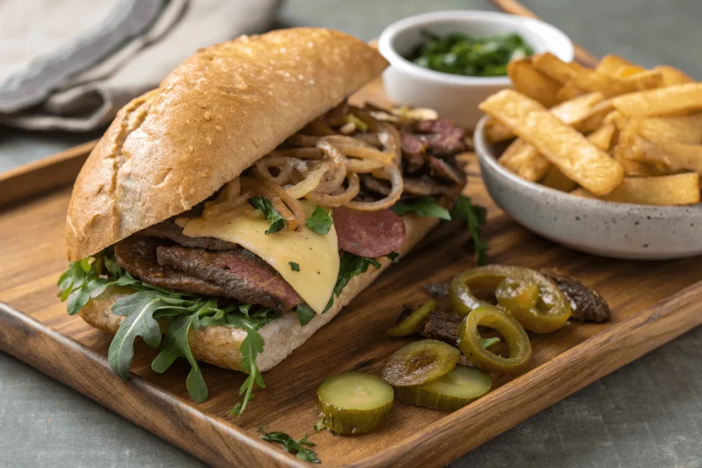 A gourmet smoked beef sandwich with sliced beef, melted cheese, sautéed onions, and fresh greens on a toasted roll.