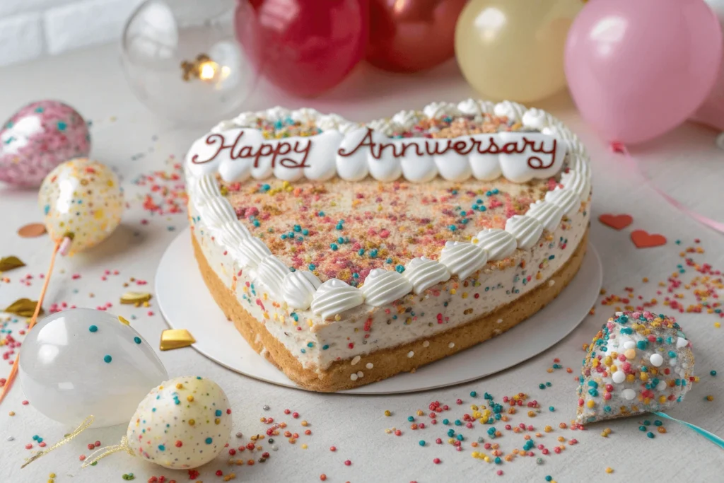 A heart-shaped cake with colorful sprinkles, edible glitter, and a 'Happy Anniversary' message, surrounded by balloons and confetti.
