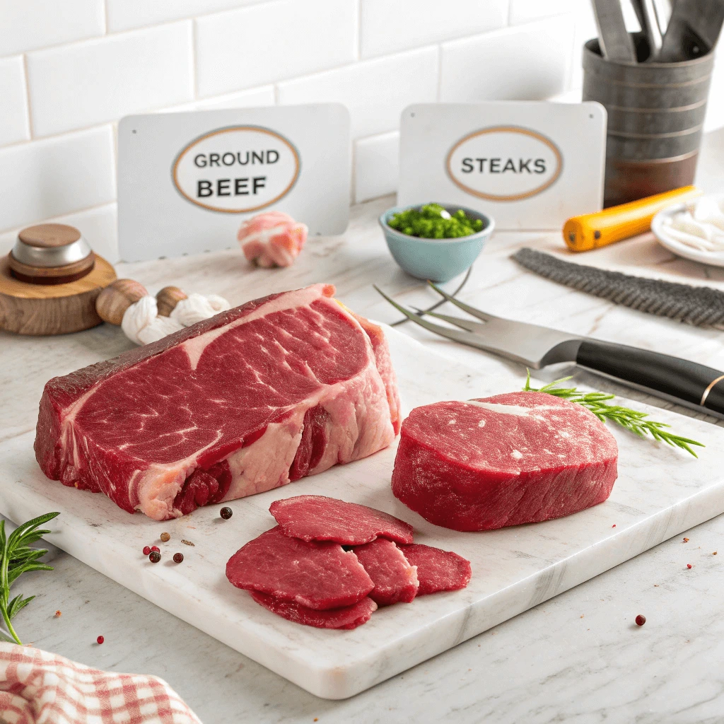 Fresh beef cuts labeled on a clean cutting board with food safety tools. ( beef recalls )