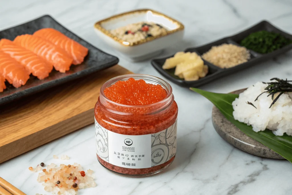 Jar of fresh tobiko next to sushi ingredients
