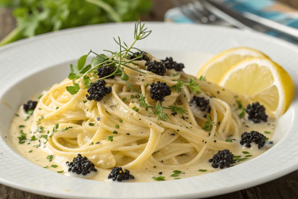Creamy pasta topped with tobiko and fresh herbs