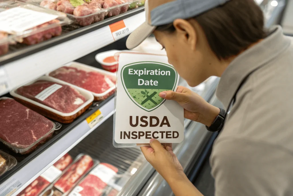 Customer checking beef product label in grocery store.