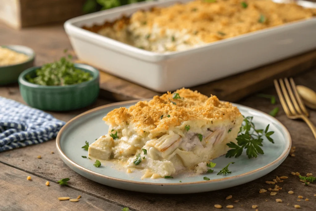 Serving of Million Dollar Chicken Casserole with golden-brown Ritz cracker topping and creamy texture.