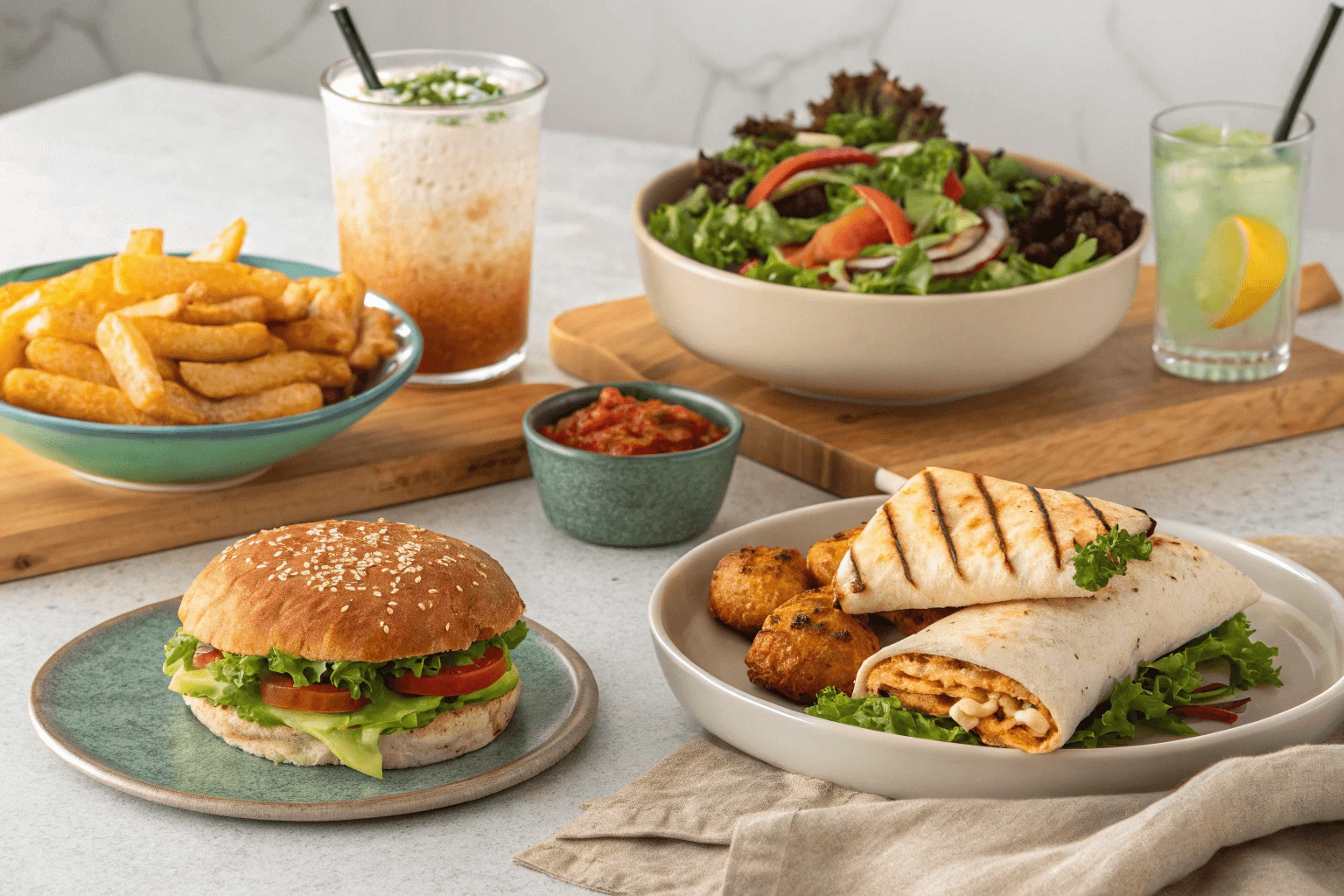 Assorted gluten-free fast food meals on a table