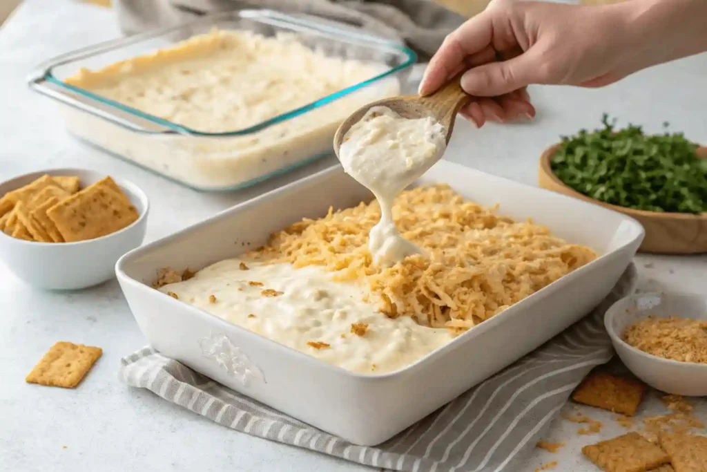 Step-by-step assembly of Million Dollar Chicken Casserole with chicken and cream cheese mixture