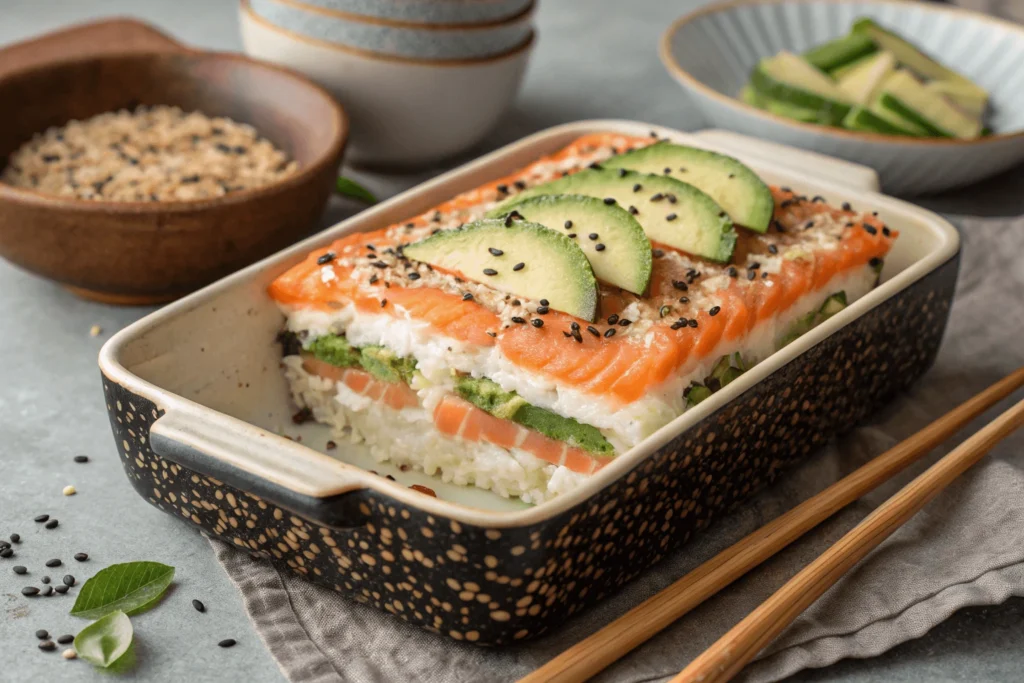 Salmon sushi bake served in a rustic oven-safe dish with avocado, cucumber, and furikake topping.