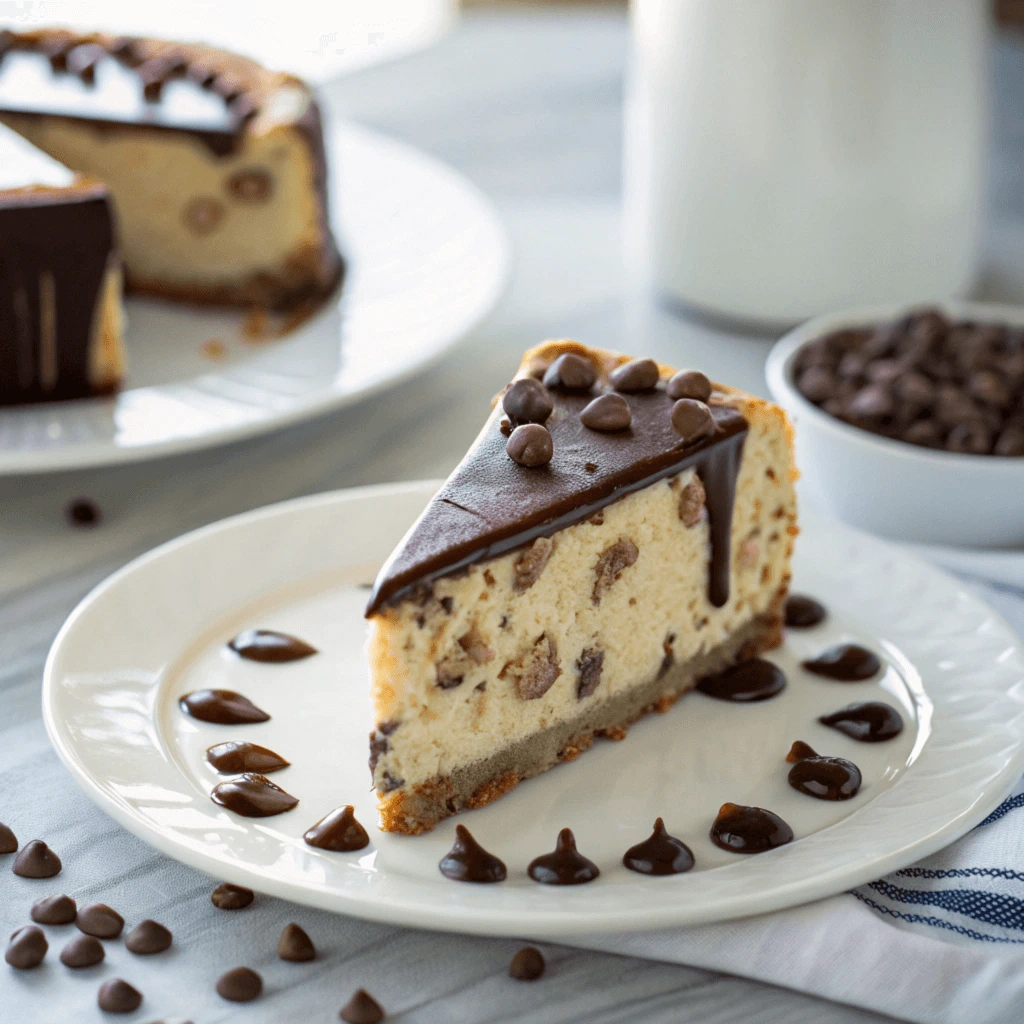 a tall slice of chocolate chip cheesecake on a whi 1