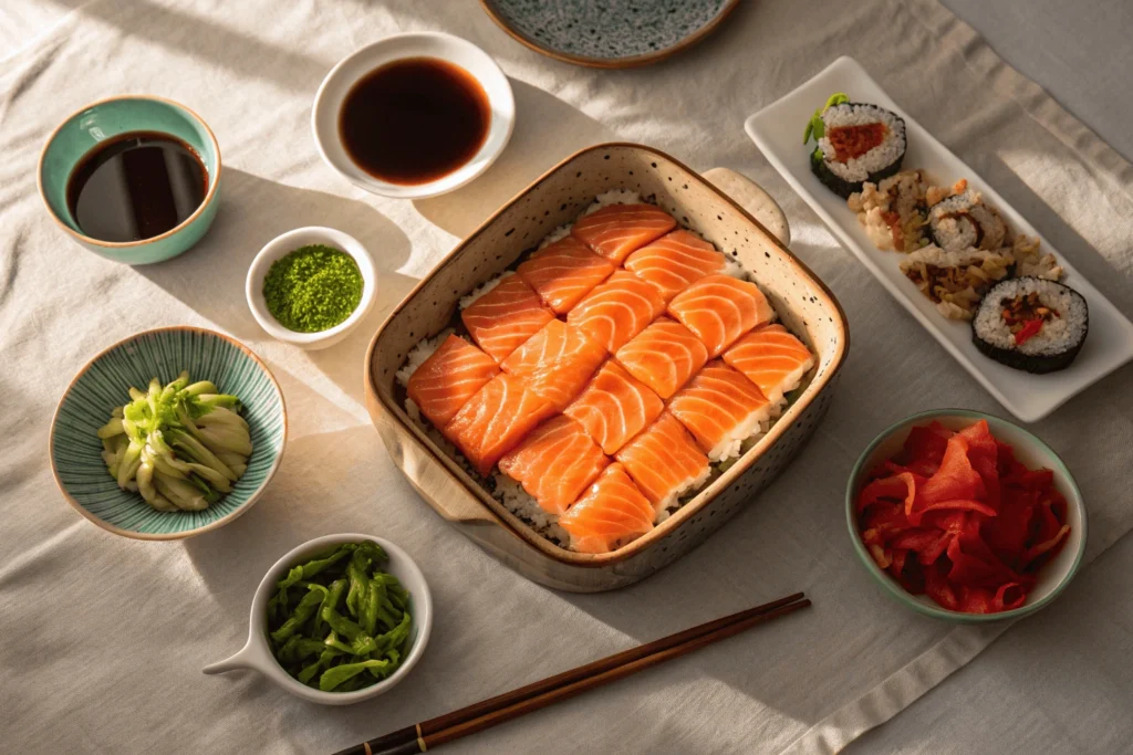 Top-down view of a sushi-themed dinner table with a large salmon sushi bake and sides of soy sauce, wasabi, and pickled ginger.