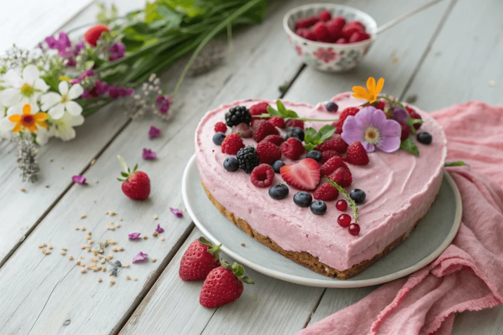 A vegan heart cake with pastel pink buttercream, fresh berries, and edible flowers on a rustic wooden table