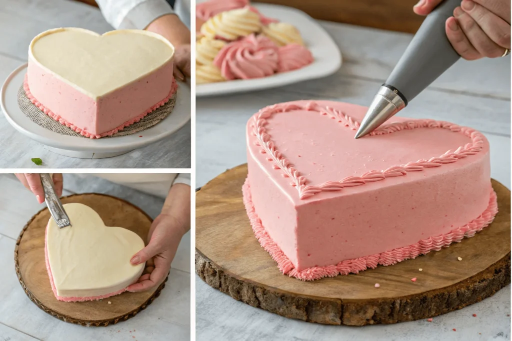 Step-by-step process of creating a heart-shaped cake, showing round and square cakes being cut, shaped, frosted, and decorated.