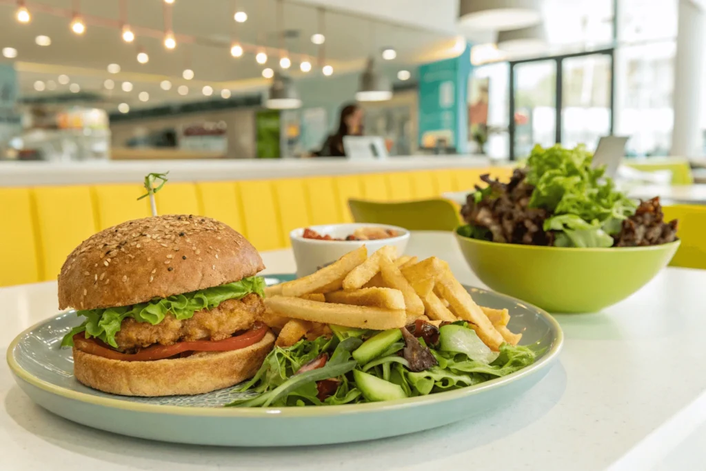 Gluten-free fast food including a burger, fries, and salad