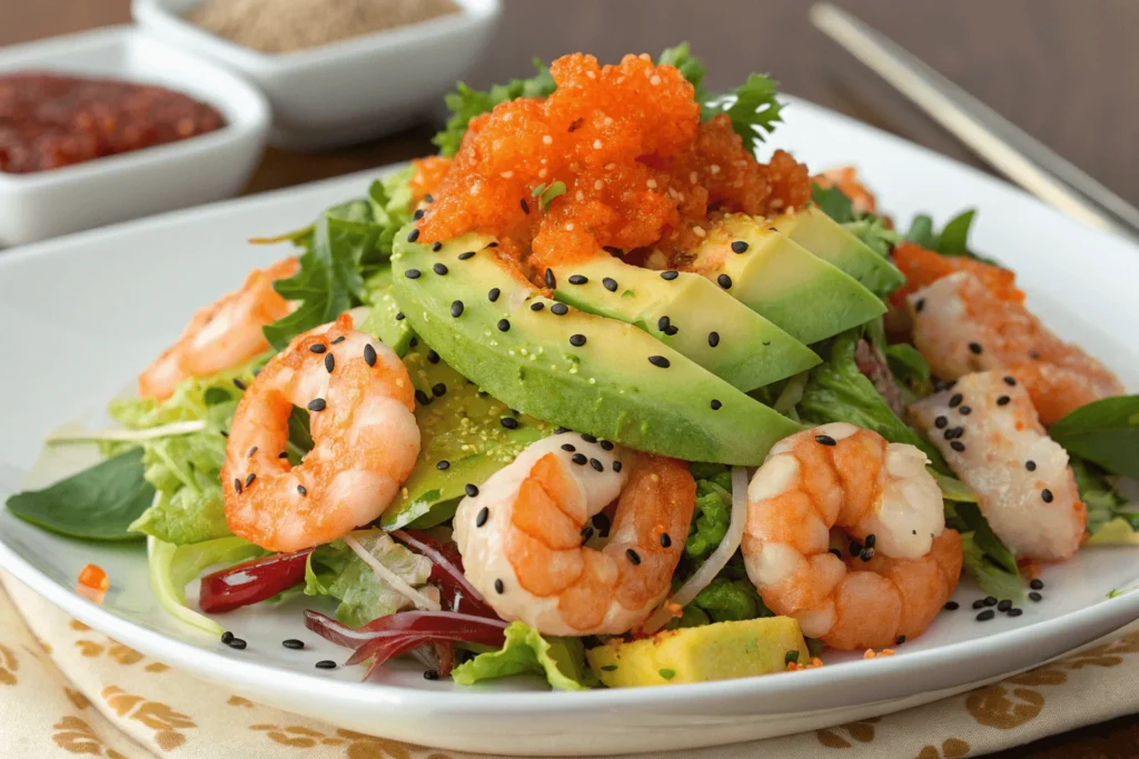 Seafood salad with shrimp, avocado, and tobiko on top
