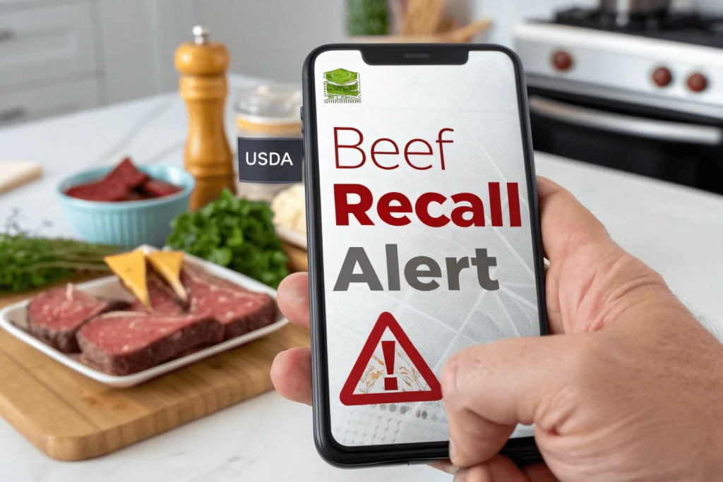 Recall alert displayed on a smartphone screen with beef recall notice.