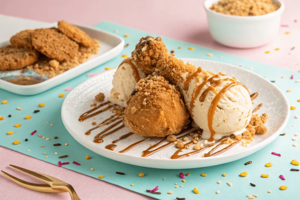 What Is Fried Chicken Ice Cream? Everything You Need To Know 2 Fried chicken ice cream drumsticks served on a tray with checkered paper, paired with caramel and chocolate dipping sauces.