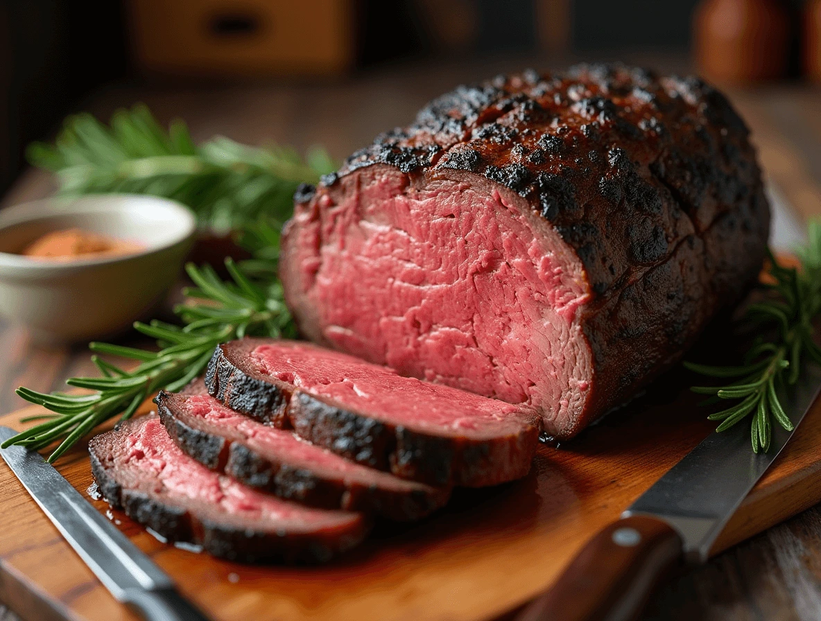 A smoked beef roast on a wooden cutting board, garnished with rosemary, showing a juicy interior and a dark smoky crust