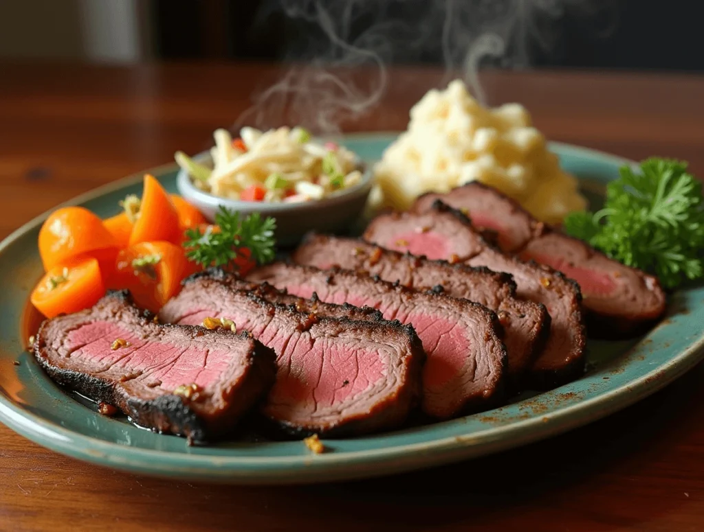 A serving platter featuring smoked beef roast slices with roasted vegetables, garlic mashed potatoes, and tangy coleslaw.