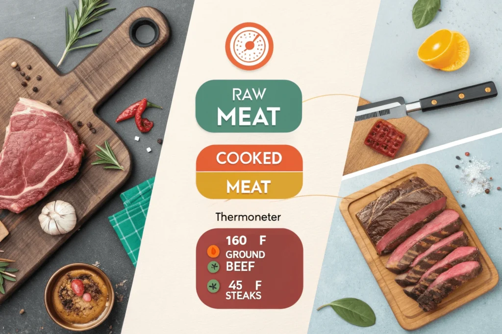 "Infographic showing proper meat handling and cooking guidelines.