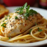 Plate of Marry Me Chicken Pasta with creamy garlic butter sauce, tender chicken, and fresh parsley garnish