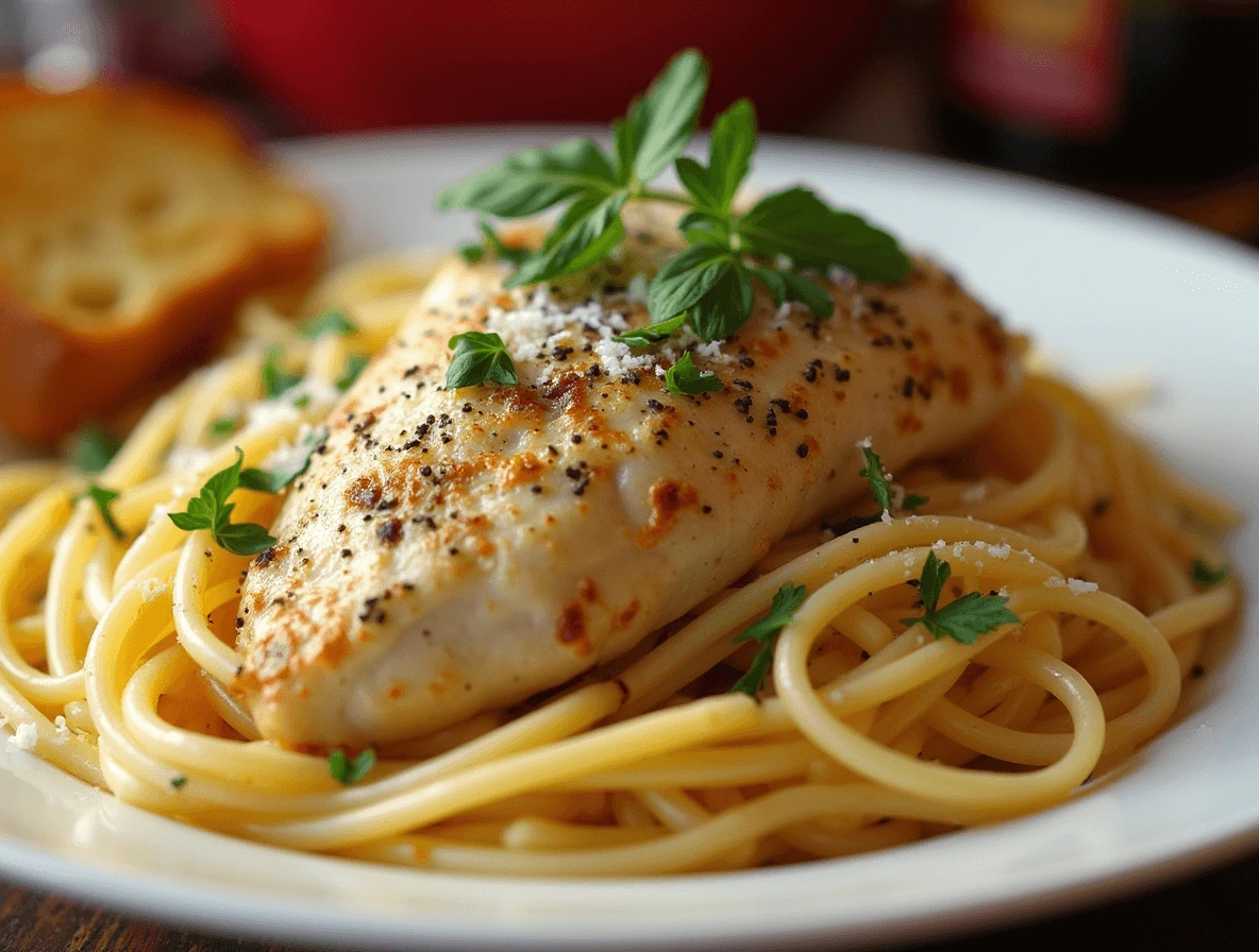 Plate of Marry Me Chicken Pasta with creamy garlic butter sauce, tender chicken, and fresh parsley garnish