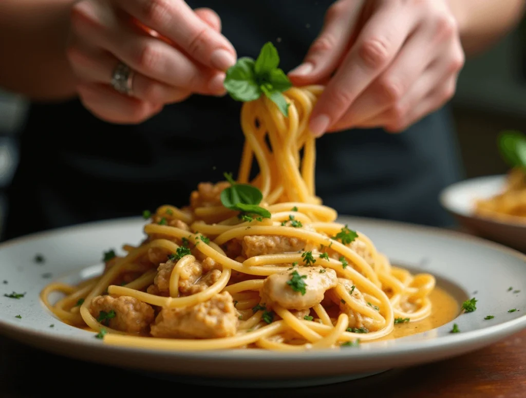 chef garnishing Marry Me Chicken Pasta with fresh basil and parsley.