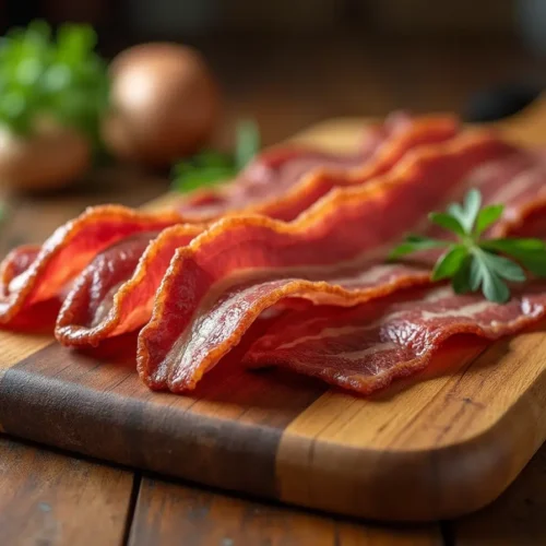 Crispy beef bacon strips on a wooden board with fresh herbs in a rustic kitchen setting.