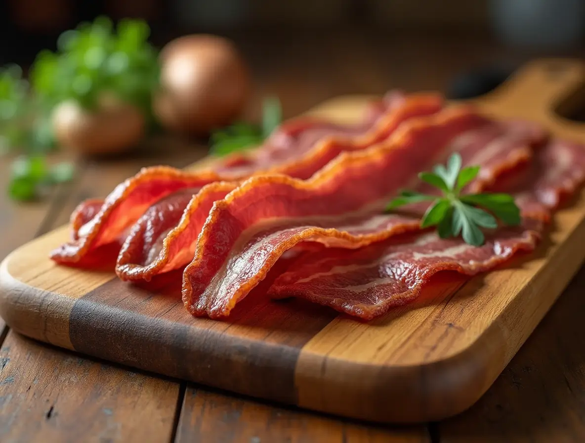 Crispy beef bacon strips on a wooden board with fresh herbs in a rustic kitchen setting.