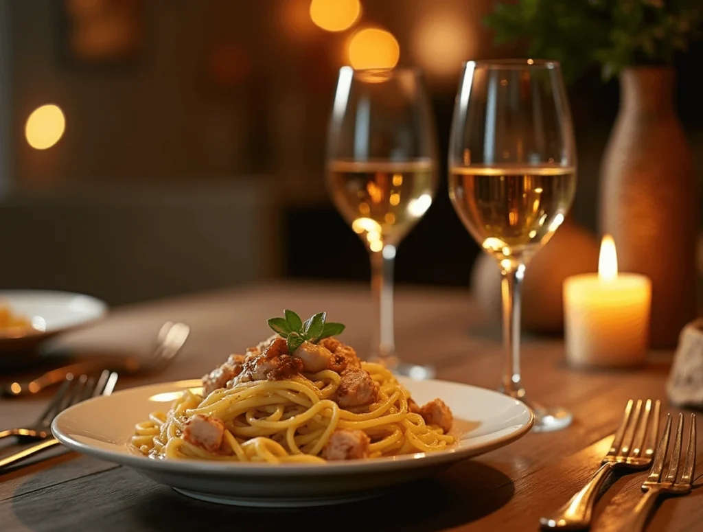 Glass of Chardonnay paired with Marry Me Chicken Pasta on a romantic dinner table.