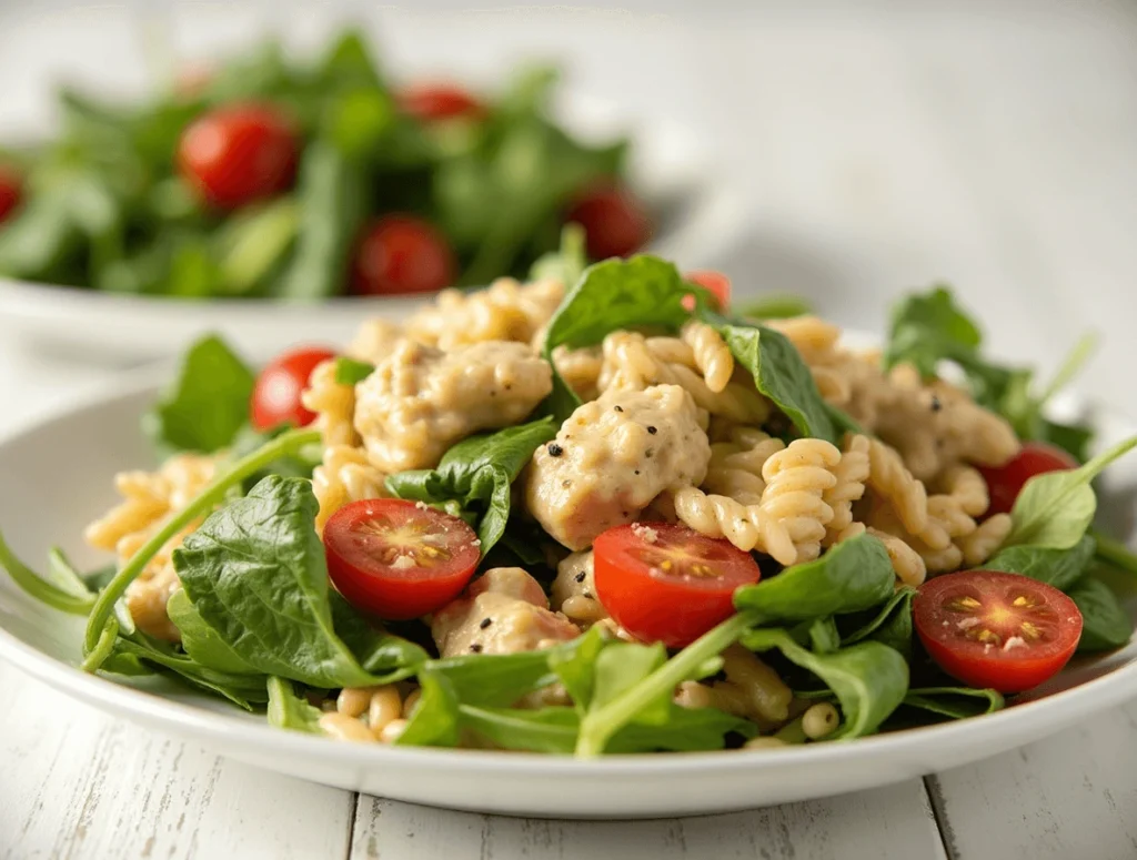 Light salad with mixed greens and cherry tomatoes served next to Marry Me Chicken Pasta.