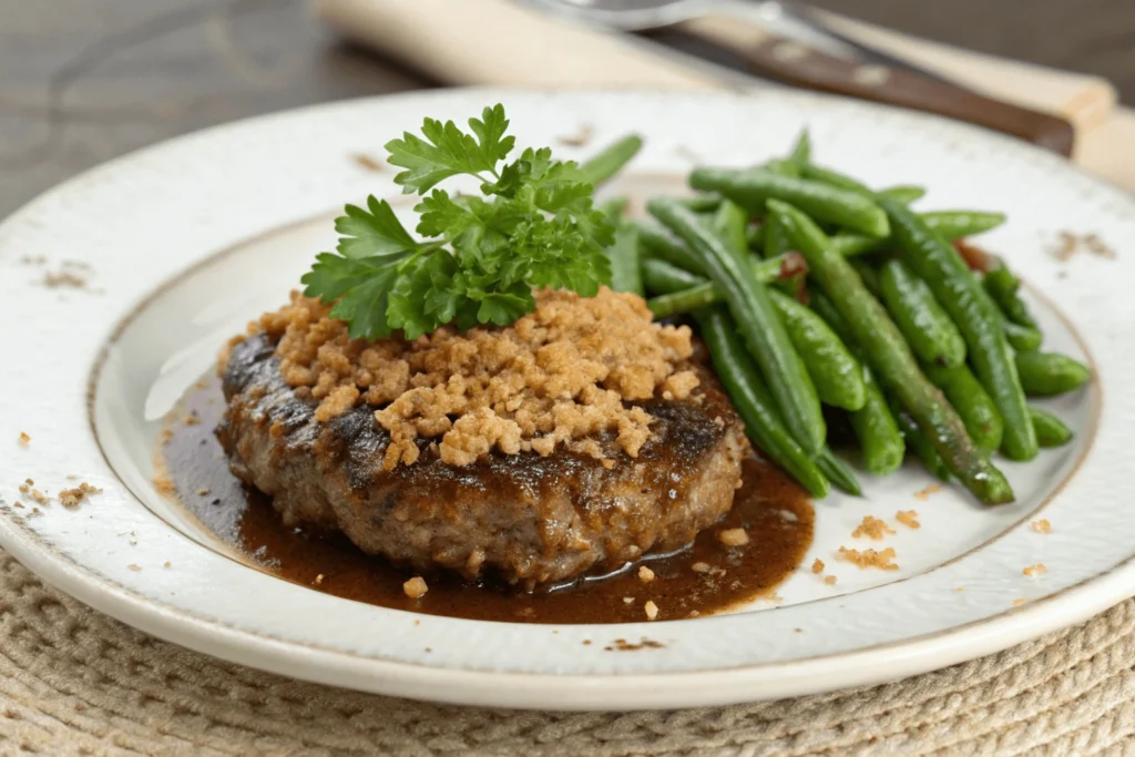 Gluten-free Salisbury steak recipe with a side of sautéed green beans.