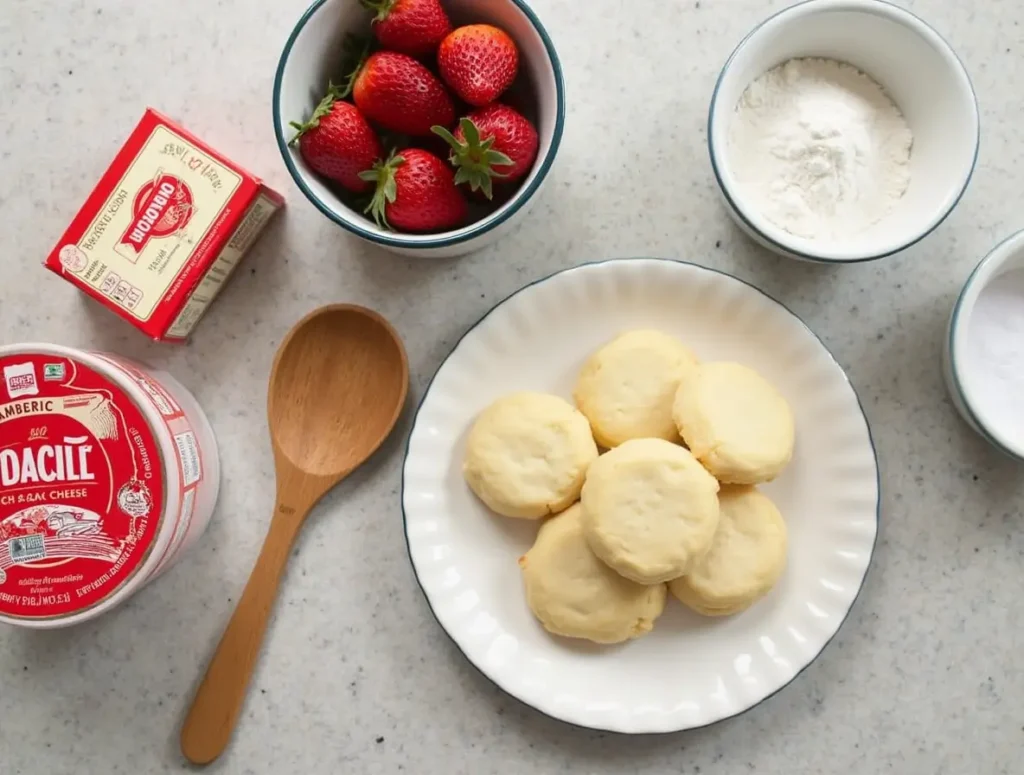 Ingredients for strawberry cheesecake cookies laid out on a kitchen counter, including fresh strawberries, cream cheese, sugar, and flour.