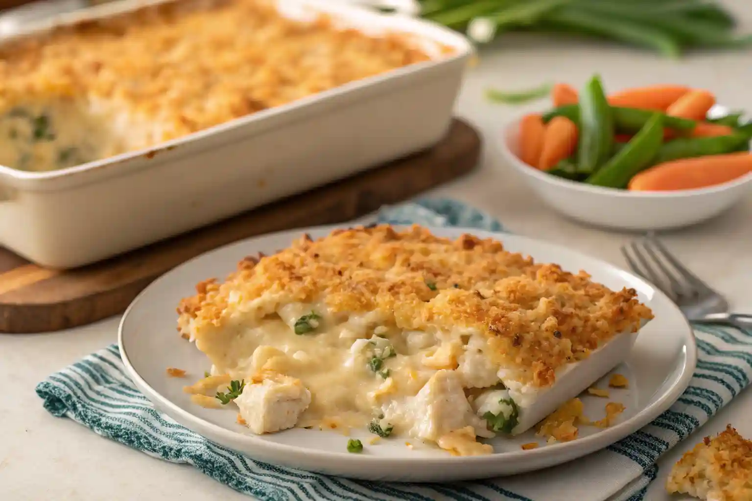Million Dollar Chicken Casserole with crispy Ritz cracker topping served on a dinner plate.