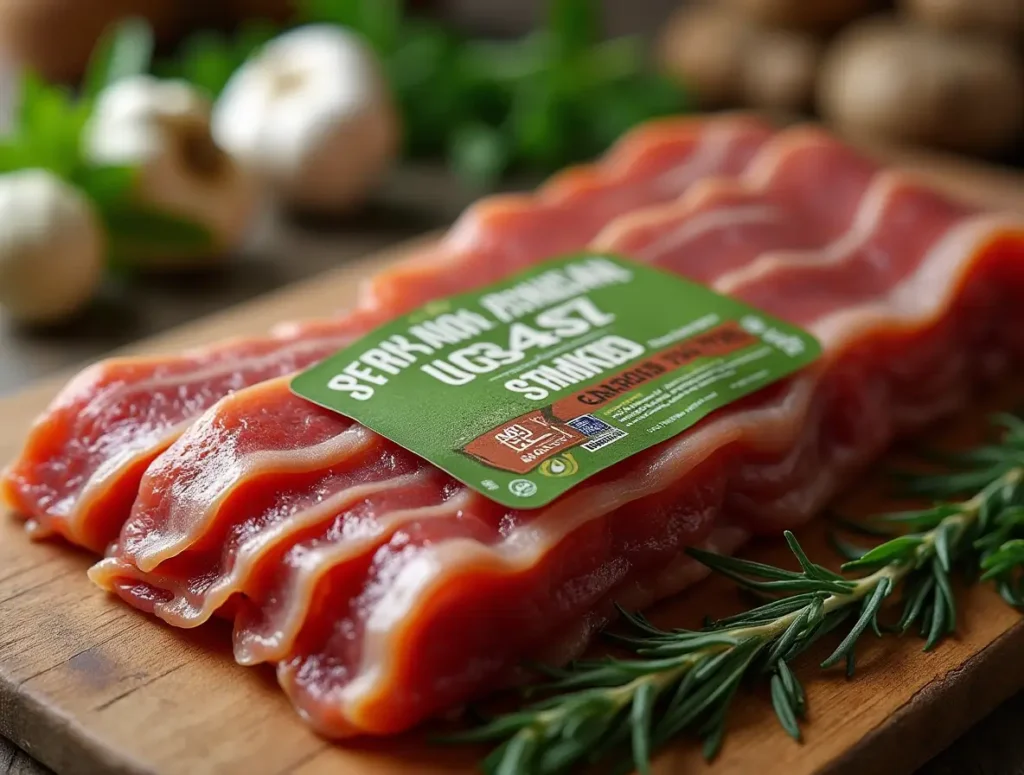 Packaging of premium grass-fed beef bacon with organic and smoked labels, surrounded by fresh herbs and garlic.