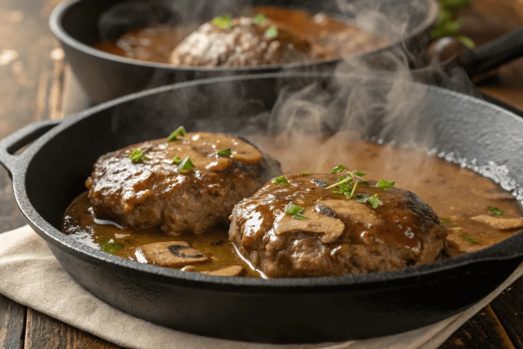 Reheating Salisbury steak recipe in a pan with gravy simmering on low heat