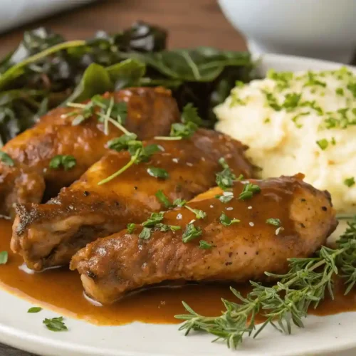 Close-up of perfectly cooked smothered turkey wings with savory gravy and fresh herbs.