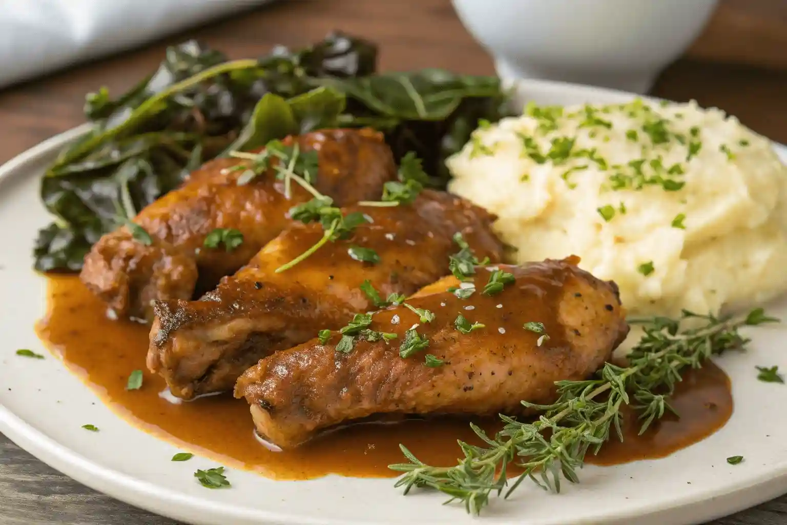 Close-up of perfectly cooked smothered turkey wings with savory gravy and fresh herbs.