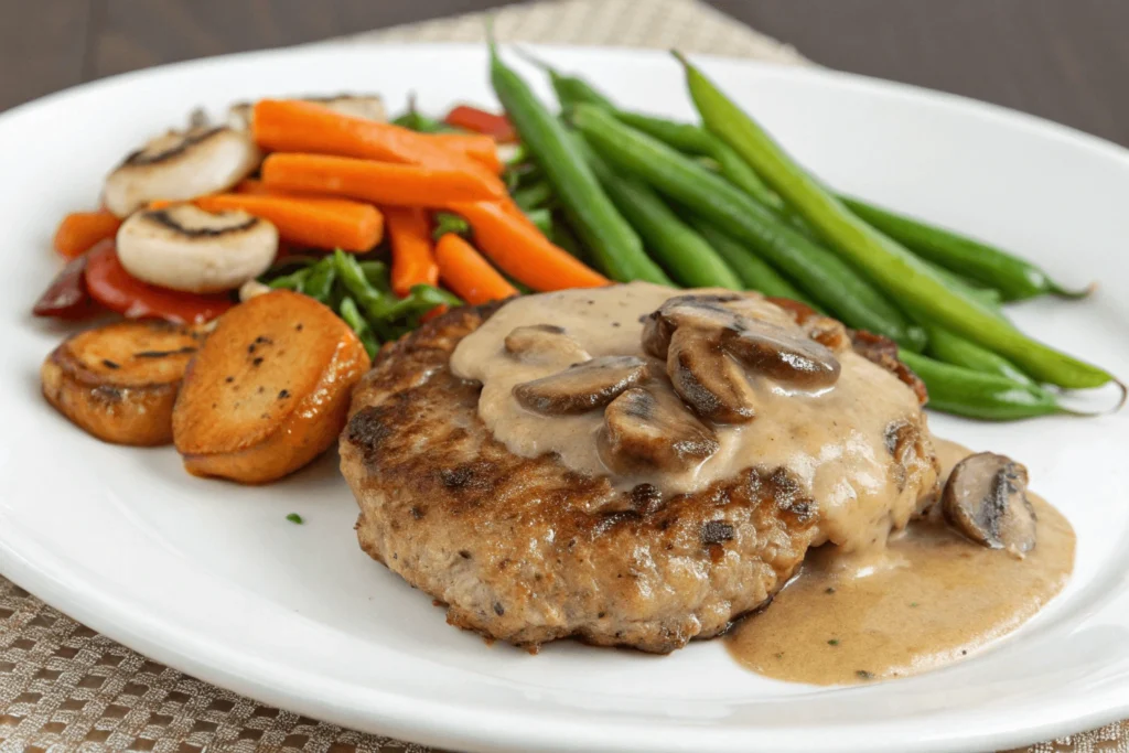 Healthy turkey Salisbury steak with creamy mushroom gravy.