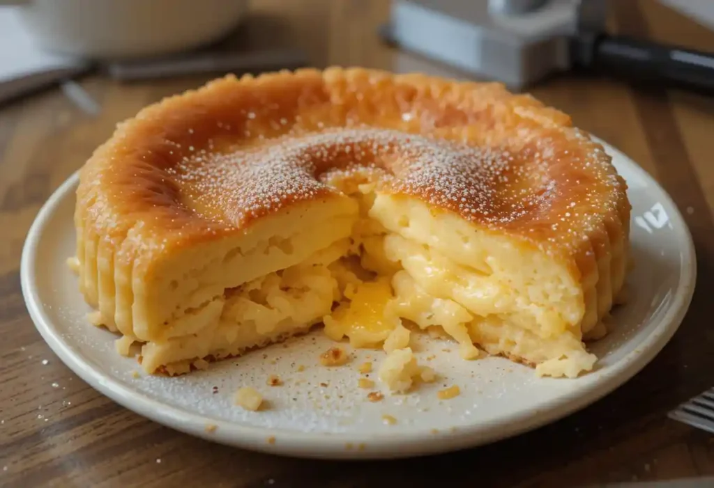 Sliced Venezuelan Quesillo with perfect layers of caramel and custard, garnished with mint.