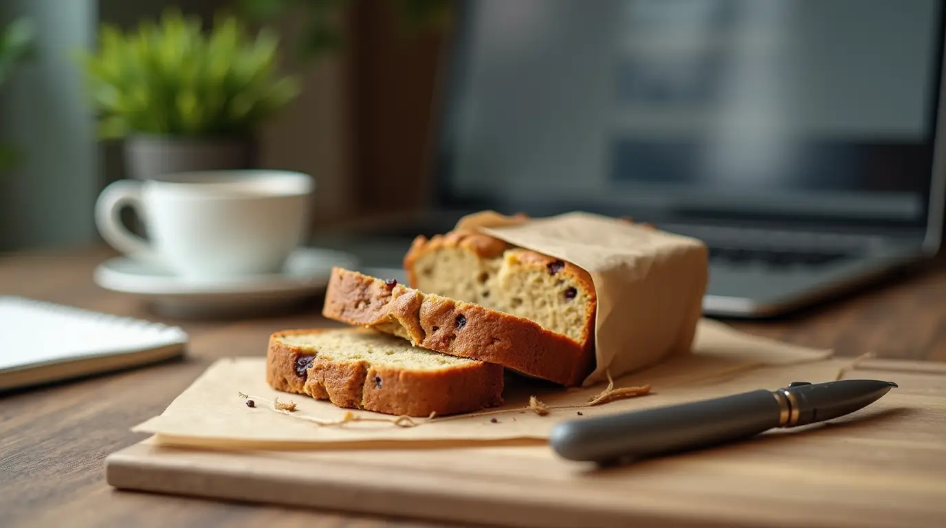 Sliced banana bread at work wrapped in parchment paper on an office desk with coffee and a laptop.